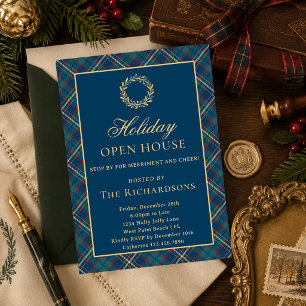 Classic Wreath Blue Plaid Christmas Open House Invitation