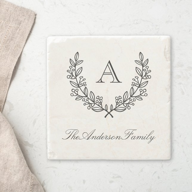 Classic Wreath Custom Family Name Initial Stone Coaster (Creator Uploaded)