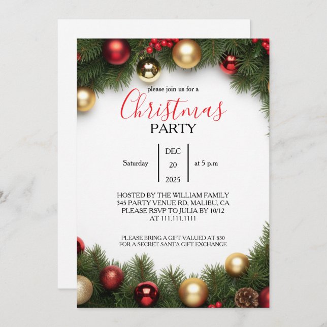 Classic Wreath Family Christmas Party Invitation (Front/Back)