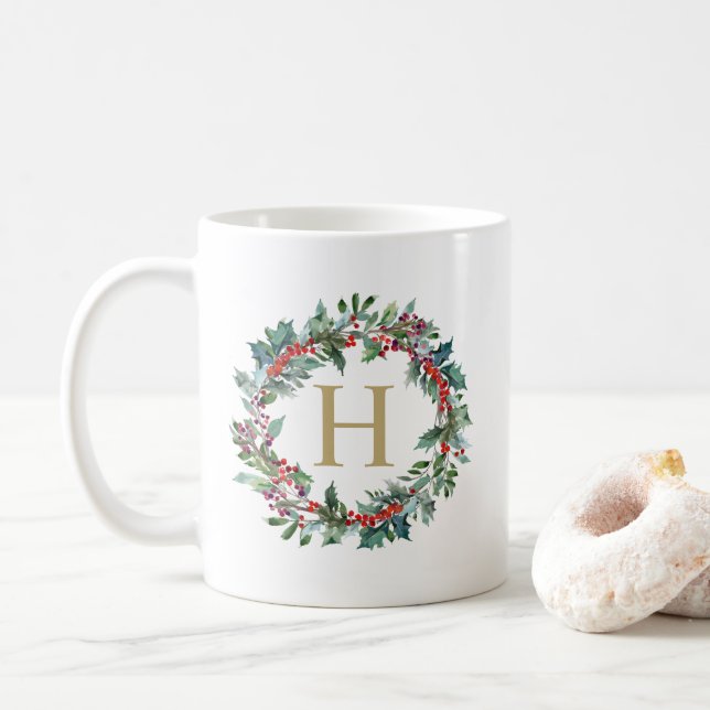 Classic Wreath Holiday Monogram Coffee Mug (With Donut)