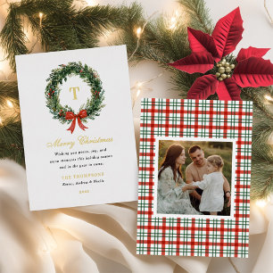 Classic Wreath Monogram Christmas Family Name Gold Foil Holiday Card