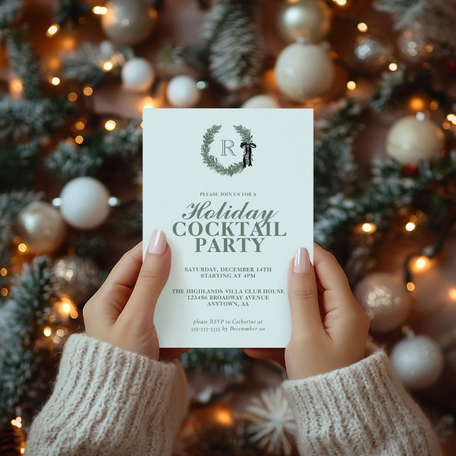 Classic Wreath Monogram Holiday Party Invitation (Creator Uploaded)