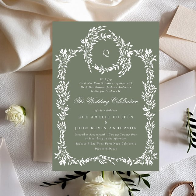 Classic Wreath Monogram Sage Green Elegant Wedding Invitation (Creator Uploaded)