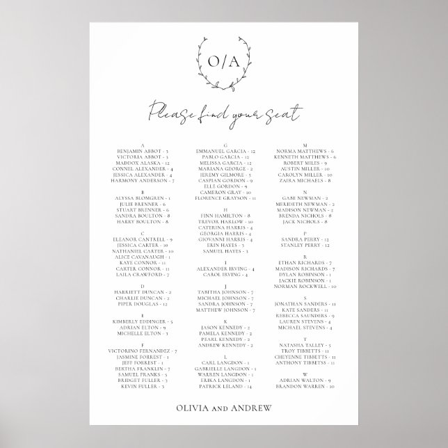 Classic Wreath Monogram Wedding Seating Chart (Front)