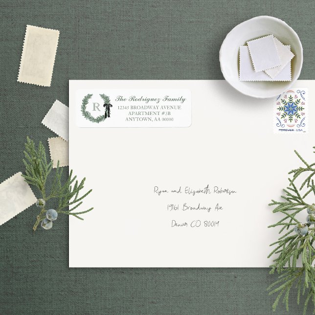 Classic Wreath Monogram with Bow Return Address (Creator Uploaded)