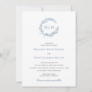 Classic Wreath Navy Monogram Wedding Invitation