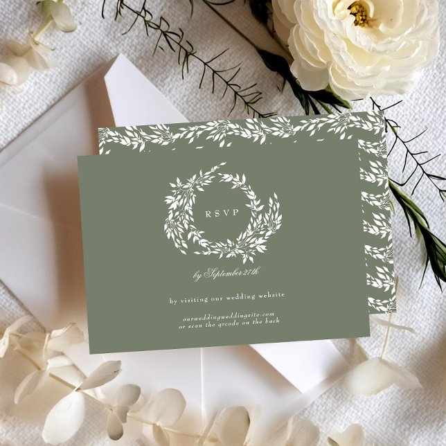 Classic Wreath Sage Green Elegant Wedding Website RSVP Card (Creator Uploaded)