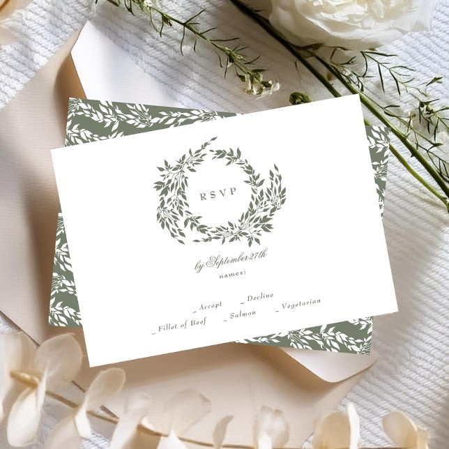 Classic Wreath White & Sage Green Elegant Wedding RSVP Card (Creator Uploaded)