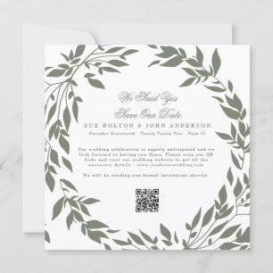 Classic Wreath White Sage Green Photo QR Wedding Save The Date