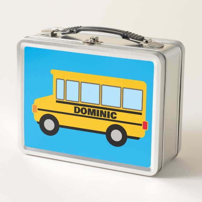 Classic yellow American school bus drawing kid's Metal Lunch Box (Front)
