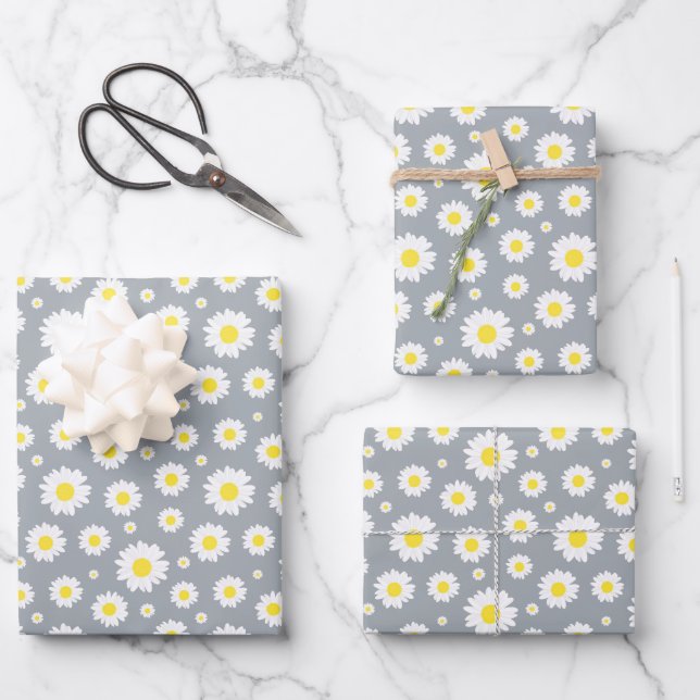 Classic Yellow and White Daisy Flower Pattern Wrapping Paper Sheet (Front)