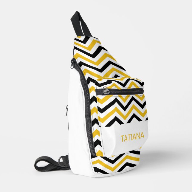 Classic Yellow Black White Chevron Pattern Design Sling Bag (Left Corner)