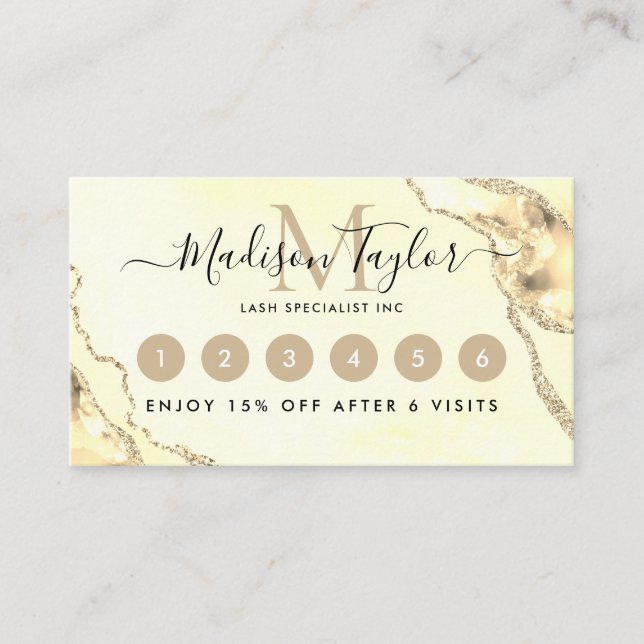 Classic Yellow Gold Glitter Agate Marble Monogram Loyalty Card (Front)