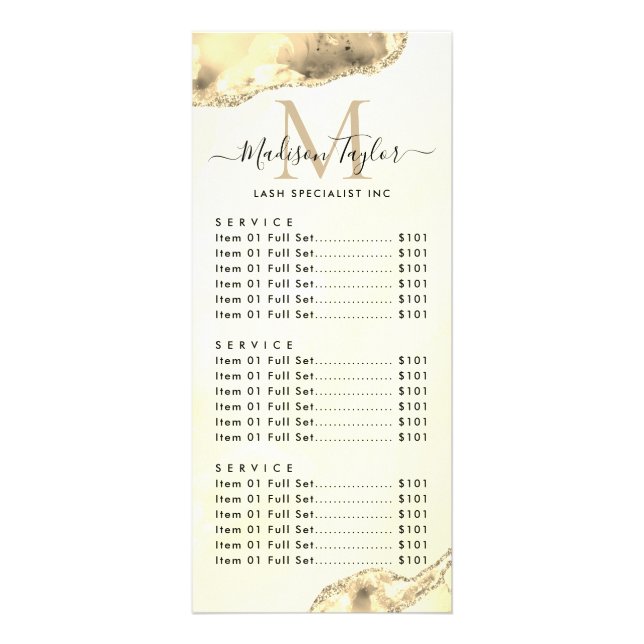 Classic Yellow Gold Glitter Agate Marble Monogram Rack Card (Front)