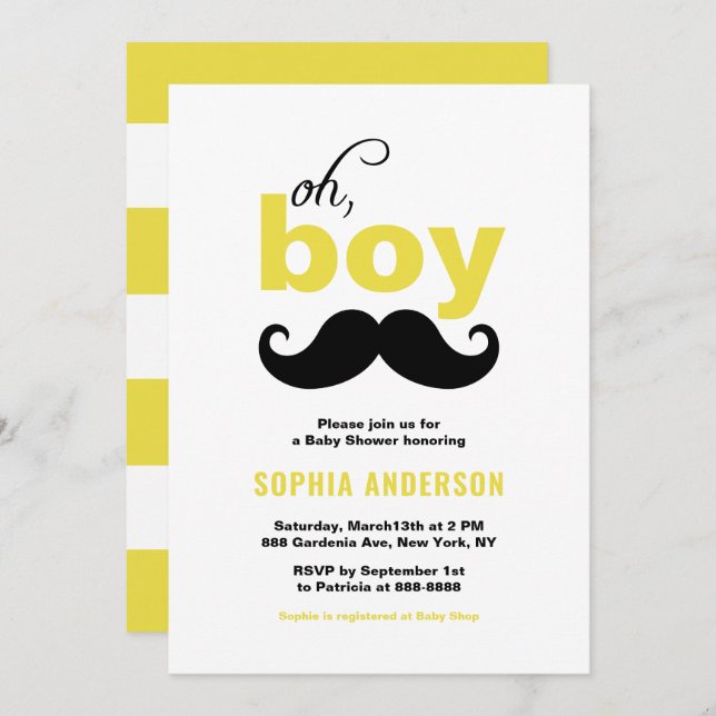 Classic Yellow It's a Boy Moustache Baby Shower Invitation (Front/Back)