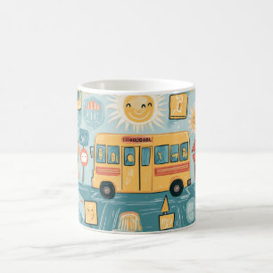 classic yellow school bus filled with happy childr coffee mug