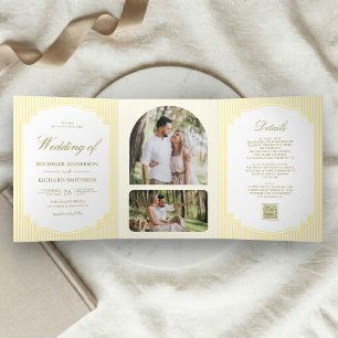Classic Yellow Striped Photo QR Code Wedding Tri-Fold Invitation