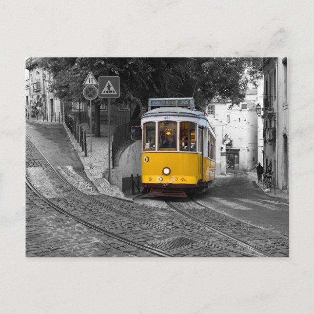 Classic yellow tram in Lisbon. Postcard (Front)