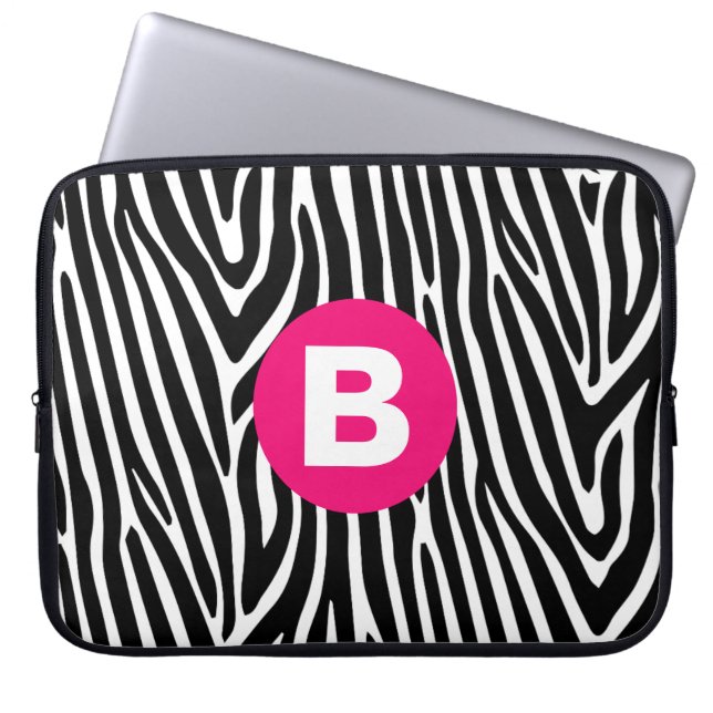 Classic Zebra Stripes Bright Pink Monogram Laptop Sleeve (Front)