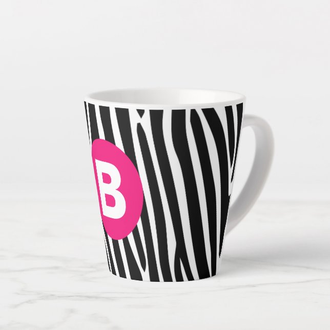 Classic Zebra Stripes Bright Pink Monogram Latte Mug (Right Angle)