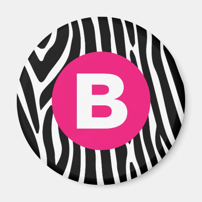 Classic Zebra Stripes Bright Pink Monogram Magnet (Front)