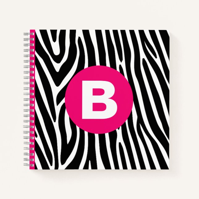 Classic Zebra Stripes Bright Pink Monogram Notebook (Front)