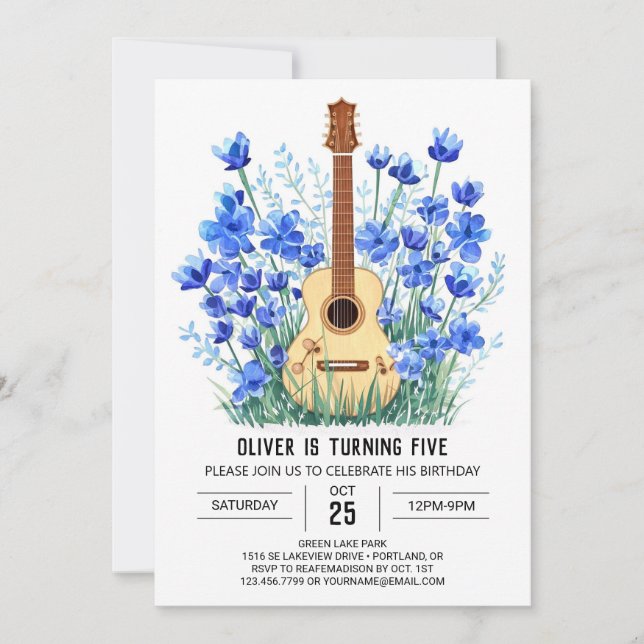 Classical Blue Guitar Boy Birthday Invitation (Front)