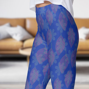 Classical Blue Leaf and Petal Pattern Leggings