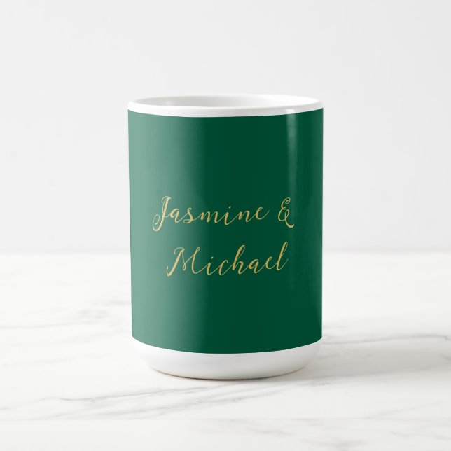 Classical Calligraphy Couple Names Green & Gold Coffee Mug (Center)