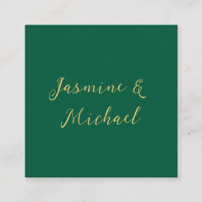 Classical Calligraphy Couple Names Green & Gold Enclosure Card (Front)