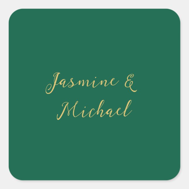 Classical Calligraphy Couple Names Green & Gold Square Sticker (Front)