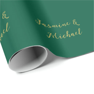 Classical Calligraphy Couple Names Green & Gold Wrapping Paper