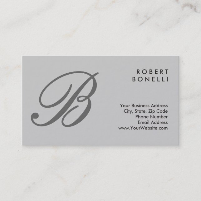Classical Calligraphy Monogram Grey Business Card (Front)