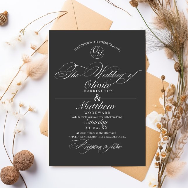 Classical Elegant Script Black and White Wedding Invitation (Creator Uploaded)
