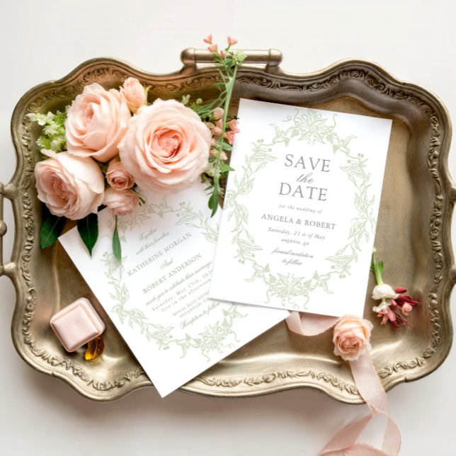 Classical Floral Crest Save the Date Photo Card (Creator Uploaded)