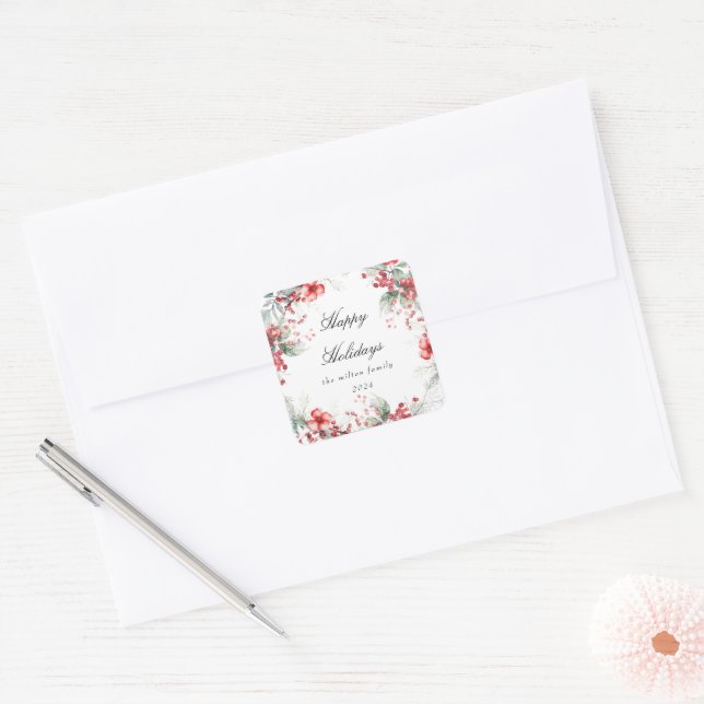 Classical Holiday Berries Monogram Square Sticker (Envelope)