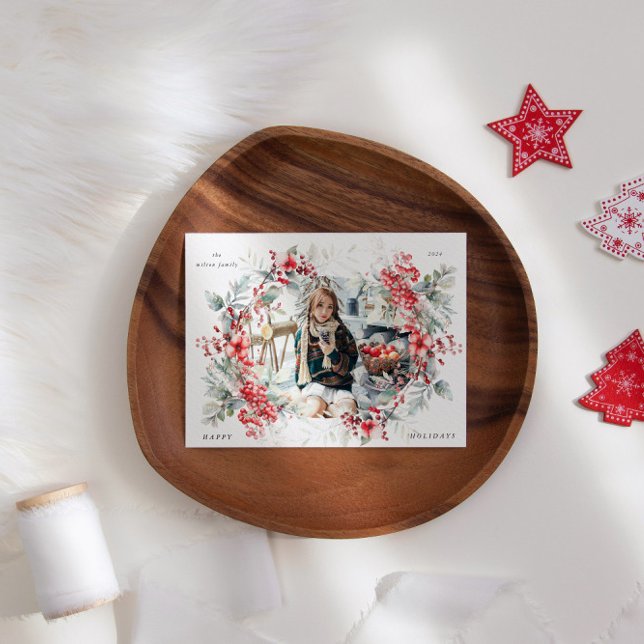 Classical Holiday Berries One Photo Holiday Card (Creator Uploaded)