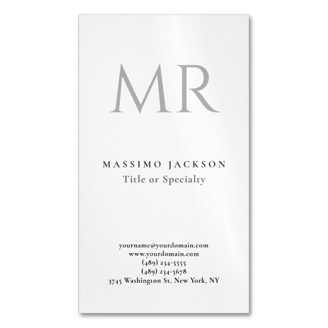 Classical Monogram Grey White Minimalist Plain Magnetic Business Card (Front Vertical)