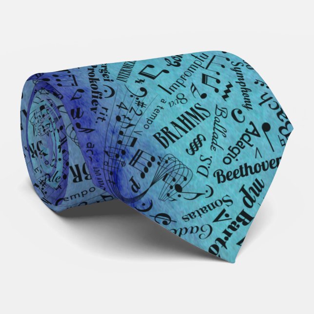 Classical Music Composer Notation Symbol Teal Blue Tie (Rolled)