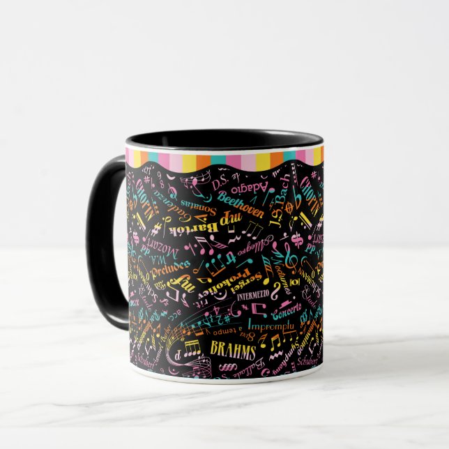 Classical Music Composers Notation Rainbow Black Mug (Front Left)