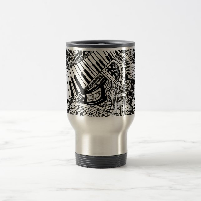 Classical music doodle with piano keyboard travel mug (Center)