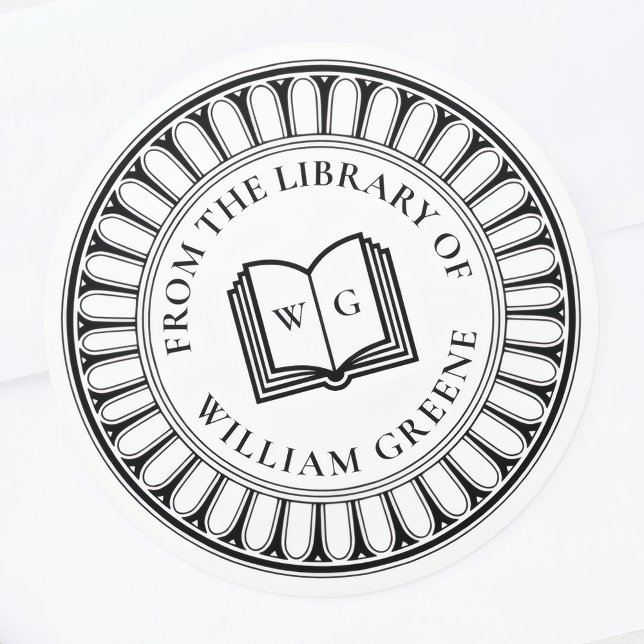Classical Open Book Monogram Ex Libris Bookplate Classic Round Sticker (Creator Uploaded)