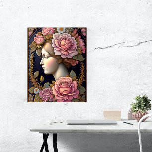 Classical Pink Floral Lady Illustration Poster