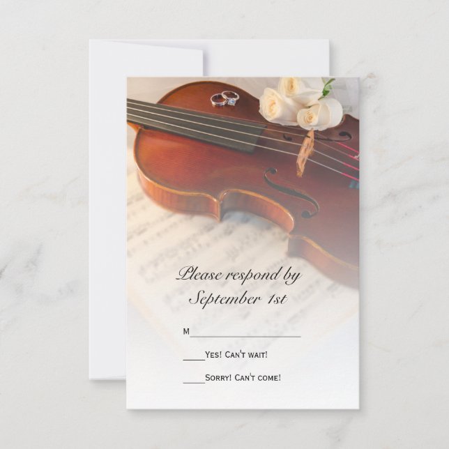 Classical Violin and White Roses Wedding RSVP Card (Front)