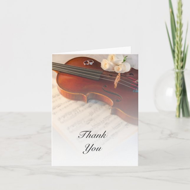 Classical Violin and White Roses Wedding Thank You Card (Front)