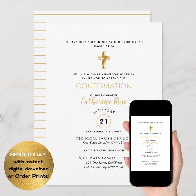 Classical White Confirmation Invite Gold Elegant (Creator Uploaded)