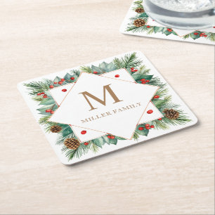 Classical Winter Greenery Holiday Monogram Square Paper Coaster