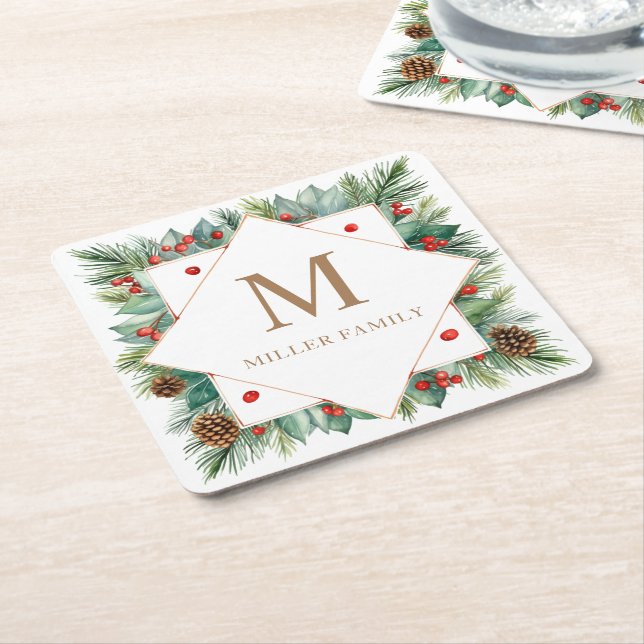 Classical Winter Greenery Holiday Monogram Square Paper Coaster (Angled)
