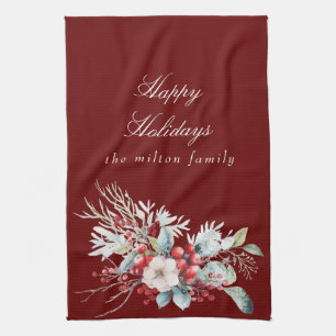 Classical Winter Holiday Berries Monogram Tea Towel