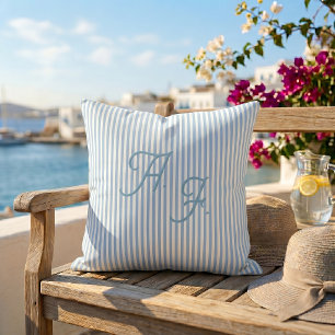 ClassicBlue White Stripe Coastal Monogram Throw Cushion